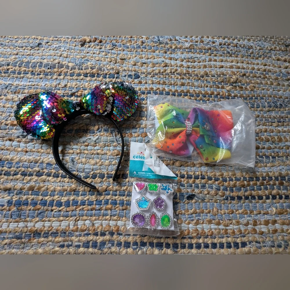 Rainbow Sequin Mouse Ears Headband Hair Bow Plastic Gem Play Rings Bundle Dress